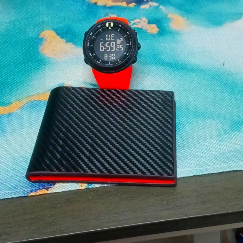Brand new black and orange watch and wallet set